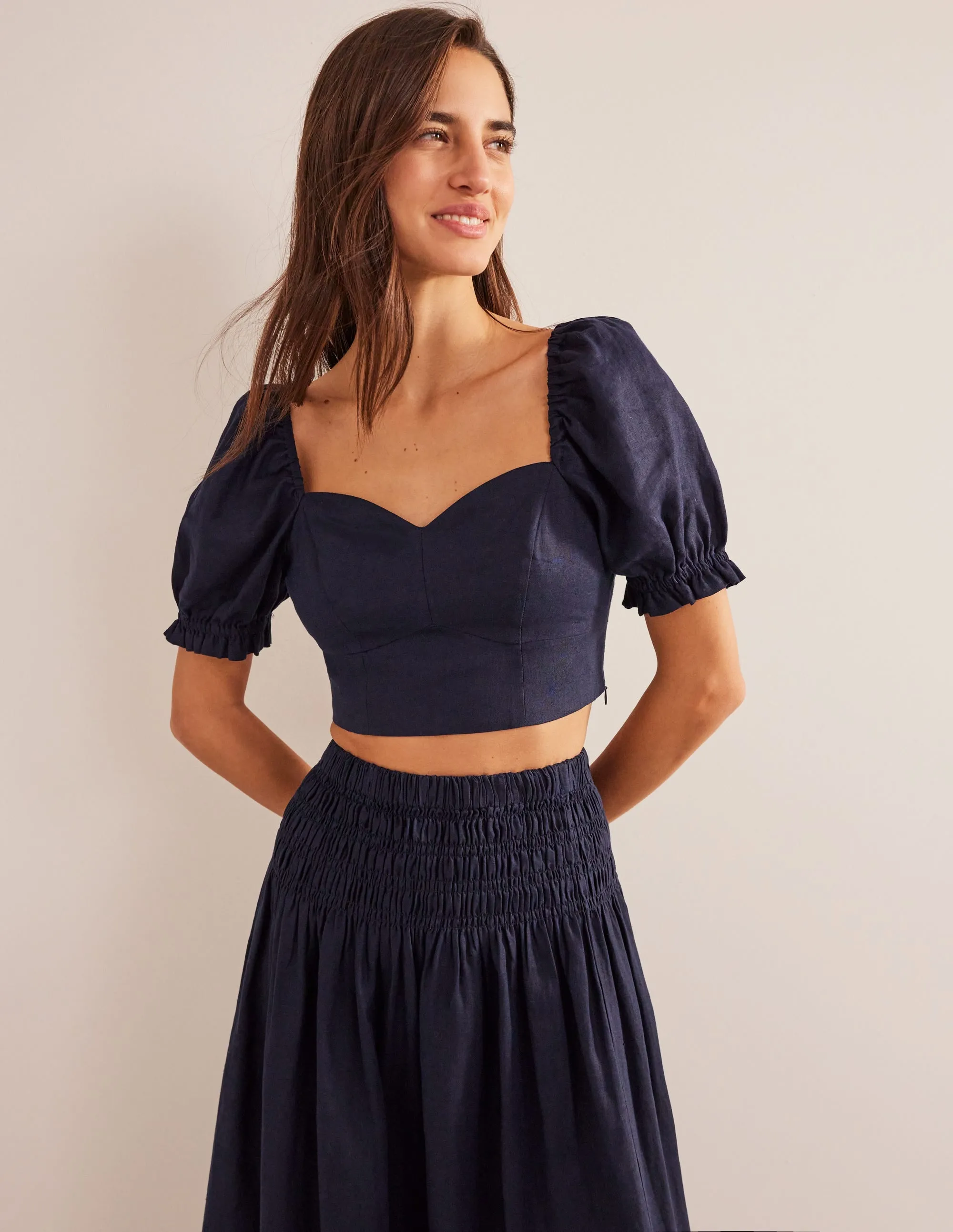 Sweetheart Linen Cropped Top-Navy