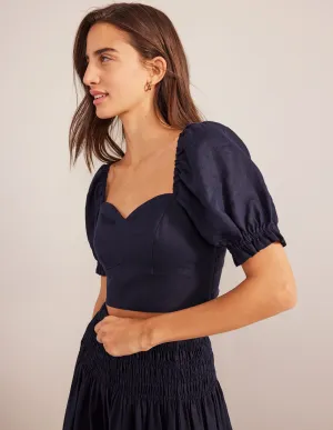 Sweetheart Linen Cropped Top-Navy