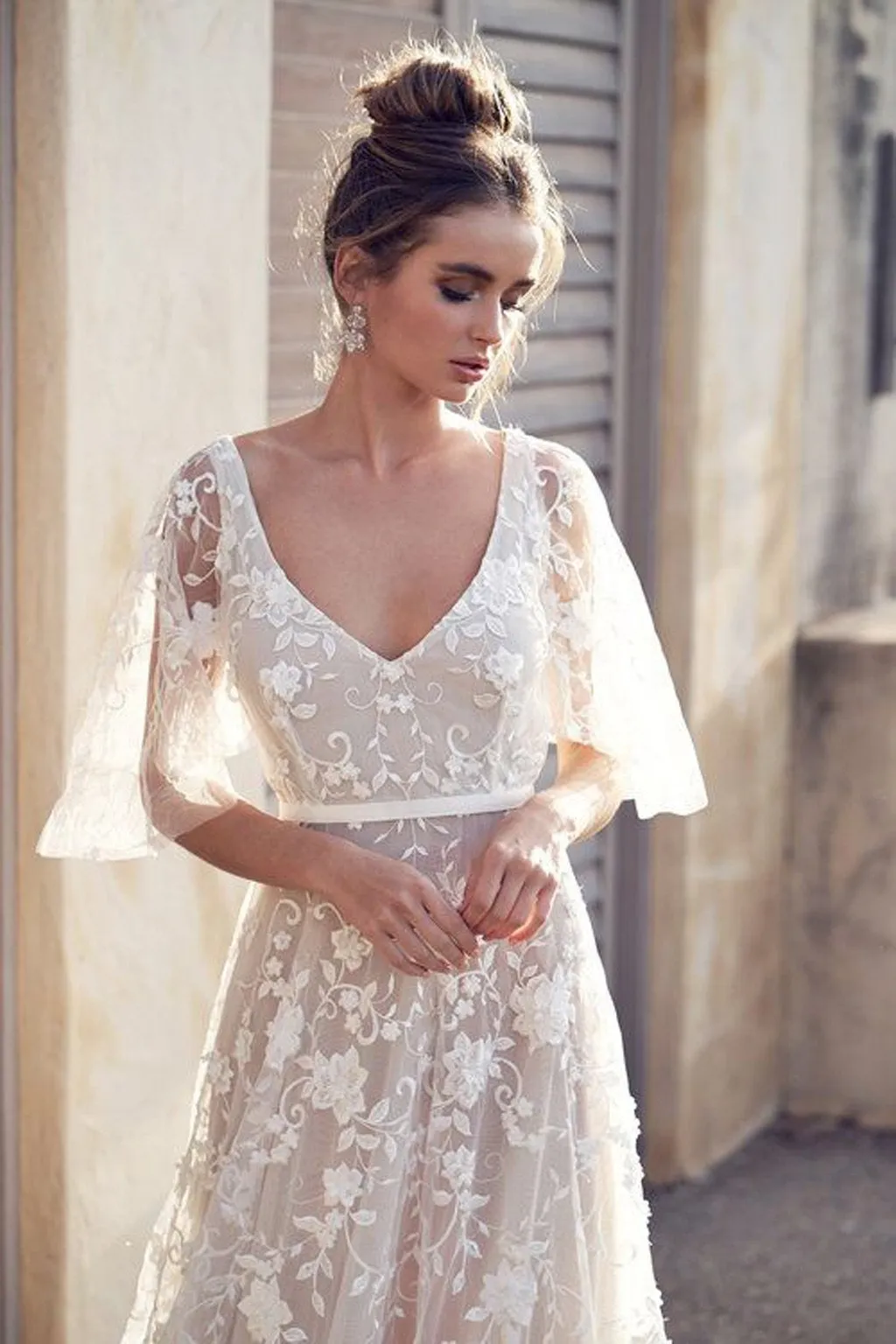 The Sales Rack-Beach Bride Chiffon V Neck Short Sleeve Lace Bridal Dress Free Shipping