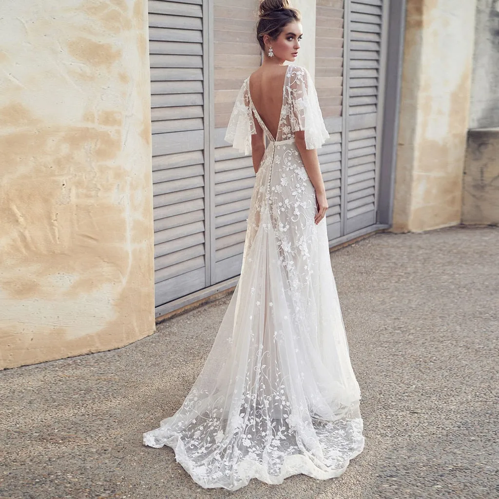 The Sales Rack-Beach Bride Chiffon V Neck Short Sleeve Lace Bridal Dress Free Shipping