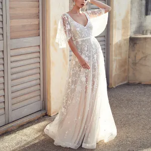 The Sales Rack-Beach Bride Chiffon V Neck Short Sleeve Lace Bridal Dress Free Shipping