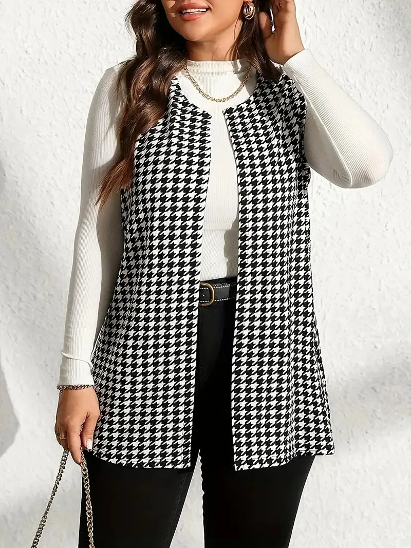 Timeless Houndstooth Sleeveless Open-Front Vest