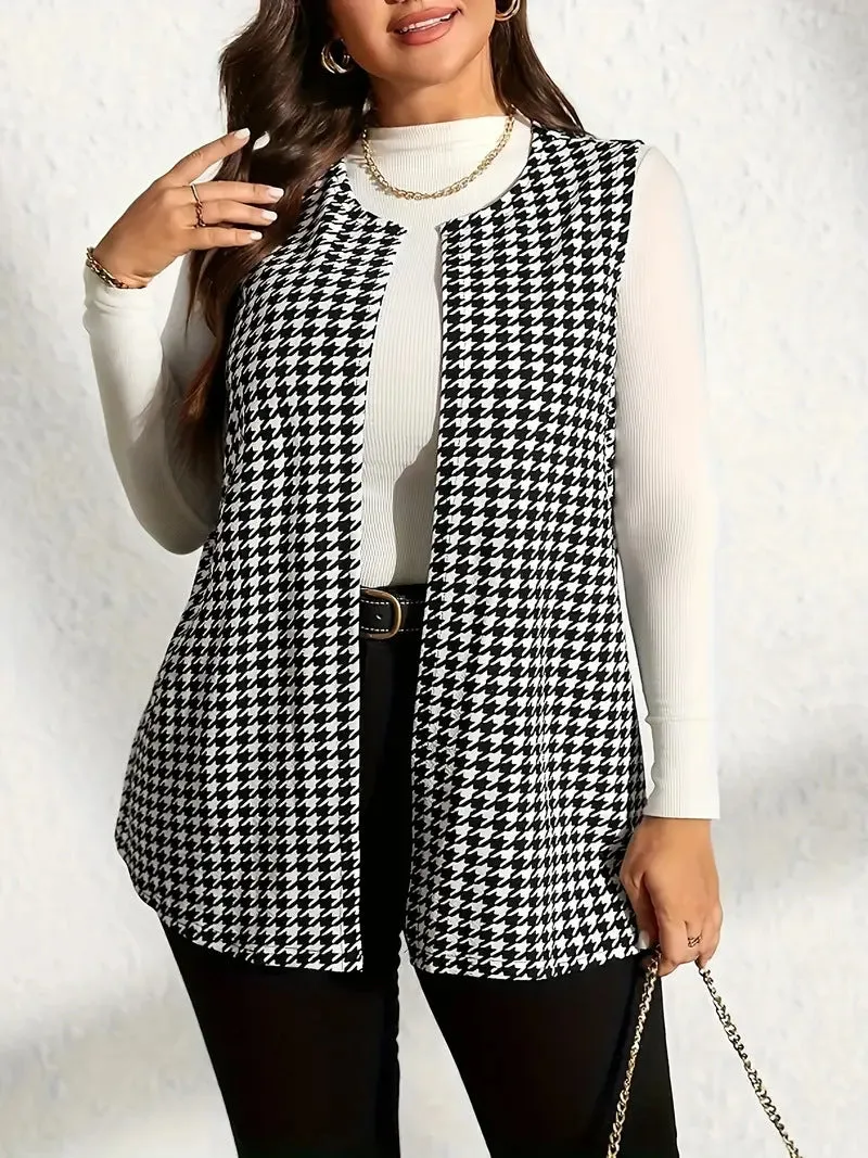 Timeless Houndstooth Sleeveless Open-Front Vest