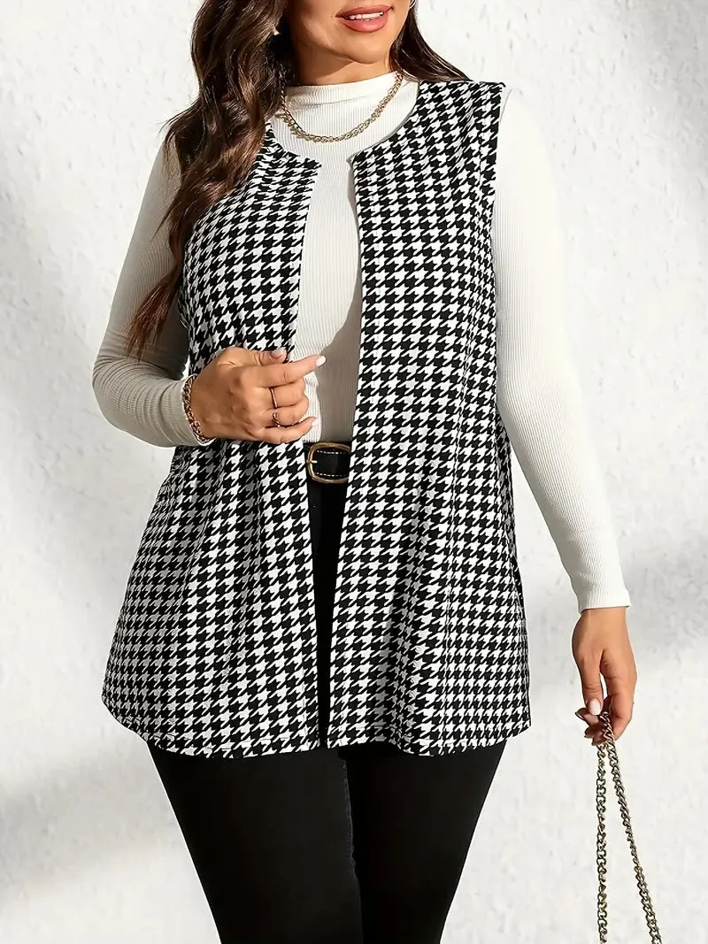 Timeless Houndstooth Sleeveless Open-Front Vest