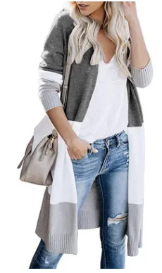 Tri-color Striped Stitching Long Sweater Cardigan
