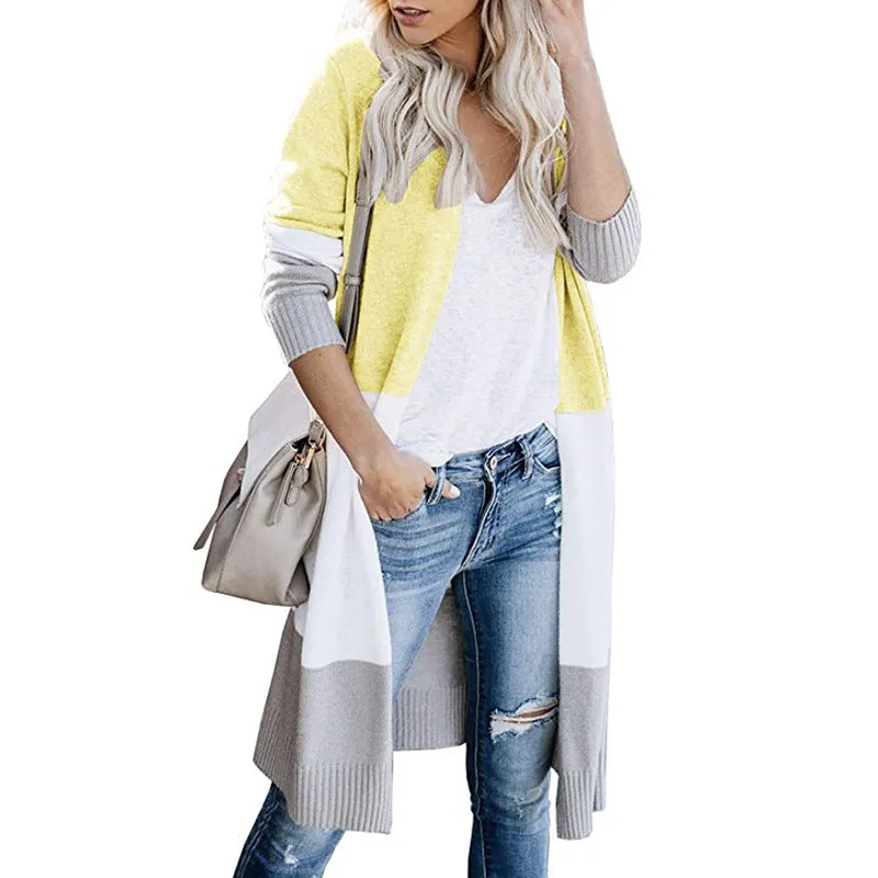 Tri-color Striped Stitching Long Sweater Cardigan