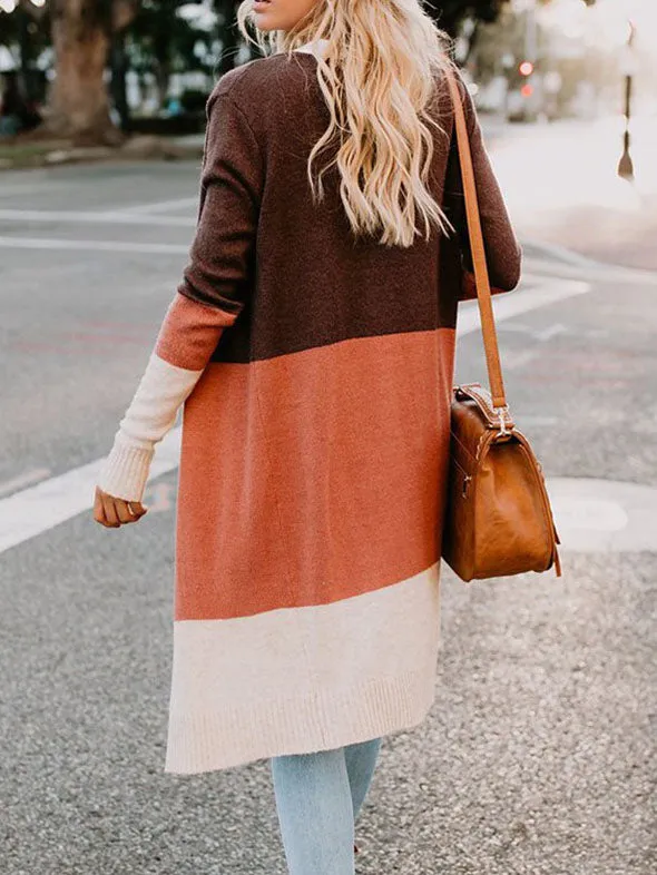 Tri-color Striped Stitching Long Sweater Cardigan