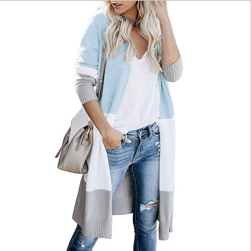 Tri-color Striped Stitching Long Sweater Cardigan