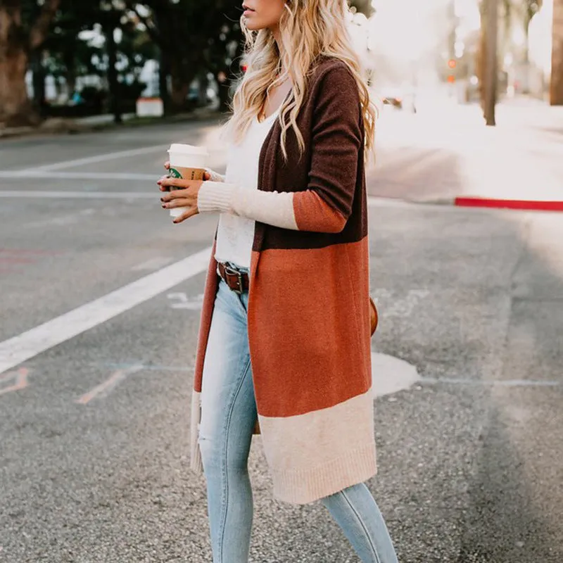 Tri-color Striped Stitching Long Sweater Cardigan