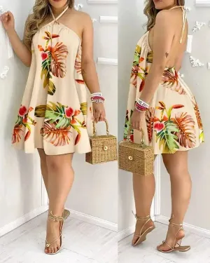 Tropical Print Halter Neck Dress