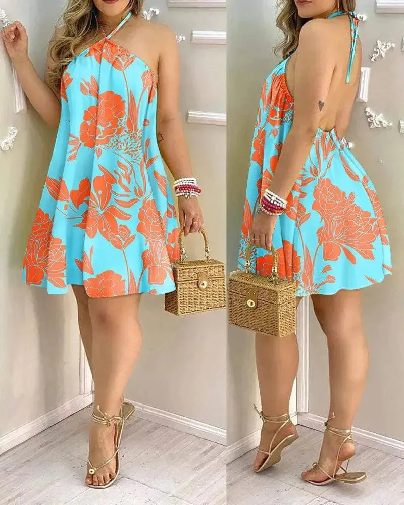 Tropical Print Halter Neck Dress
