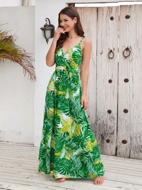 Tropical Print Maxi Dress with V-Neck and Spaghetti Straps