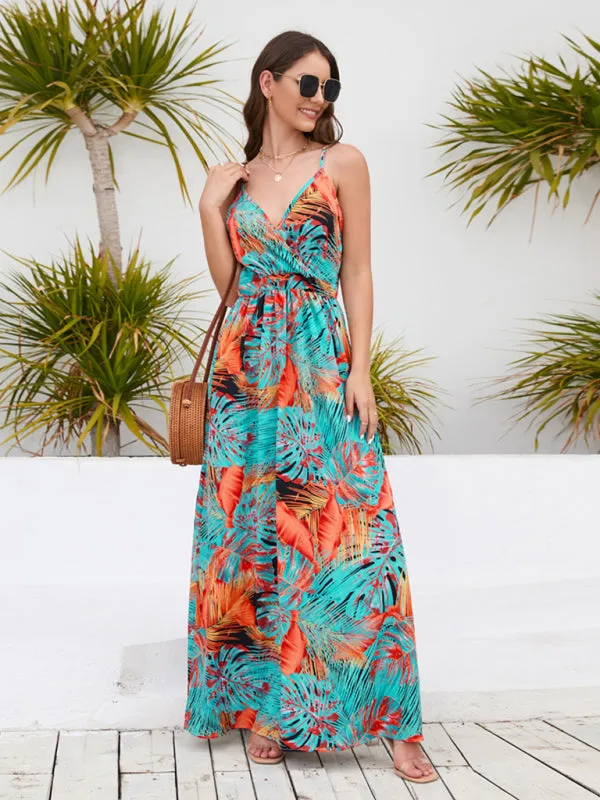 Tropical Print Maxi Dress with V-Neck and Spaghetti Straps