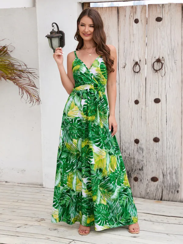 Tropical Print Maxi Dress with V-Neck and Spaghetti Straps