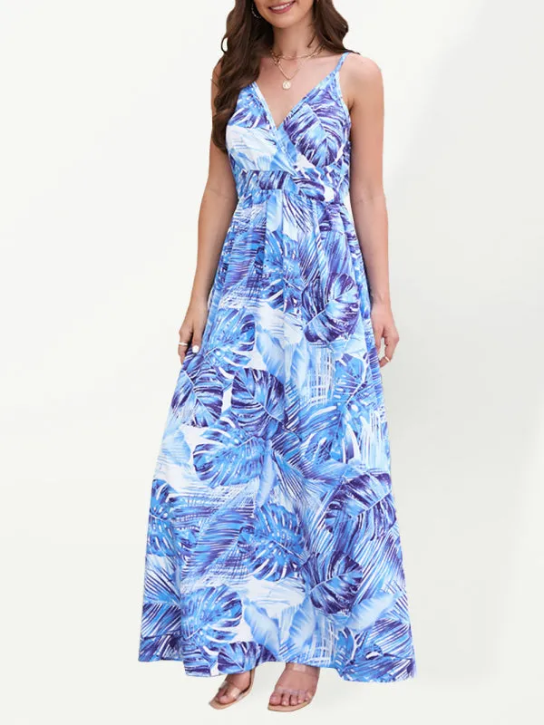 Tropical Print Maxi Dress with V-Neck and Spaghetti Straps
