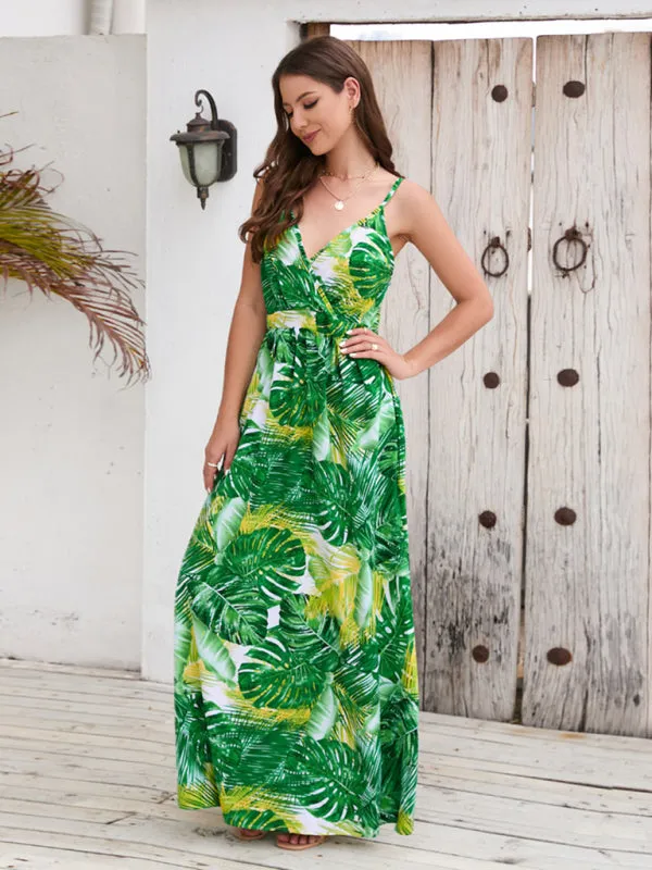 Tropical Print Maxi Dress with V-Neck and Spaghetti Straps