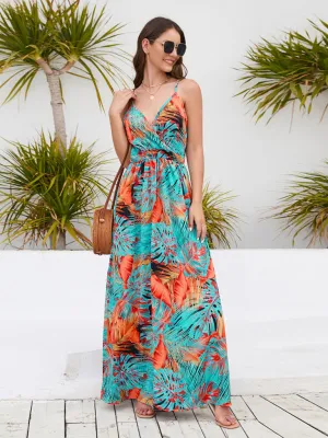 Tropical Print Maxi Dress with V-Neck and Spaghetti Straps