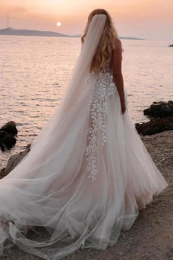 Tulle A-line Sweetheart Lace Appliques Bohemian Wedding Dresses, MW1050