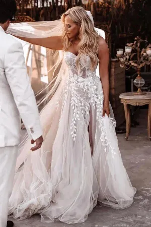 Tulle A-line Sweetheart Lace Appliques Bohemian Wedding Dresses, MW1050