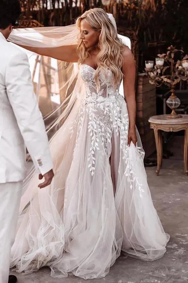 Tulle A-line Sweetheart Lace Appliques Bohemian Wedding Dresses, MW1050