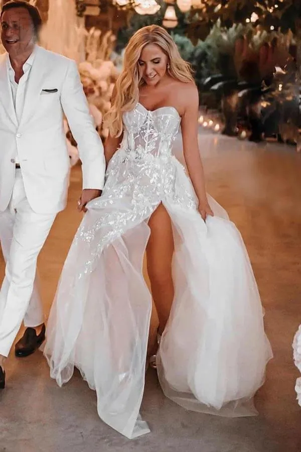 Tulle A-line Sweetheart Lace Appliques Bohemian Wedding Dresses, MW1050