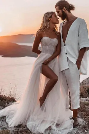 Tulle A-line Sweetheart Neck Bohemian Wedding Dresses With Slit, MW1075