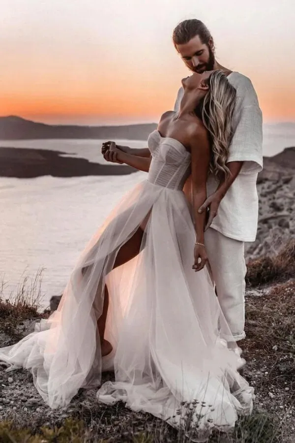 Tulle A-line Sweetheart Neck Bohemian Wedding Dresses With Slit, MW1075