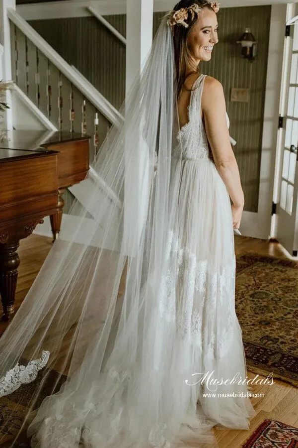 Tulle A-line V-neck Bohemian Wedding Dresses With Lace Appliques, MW1064