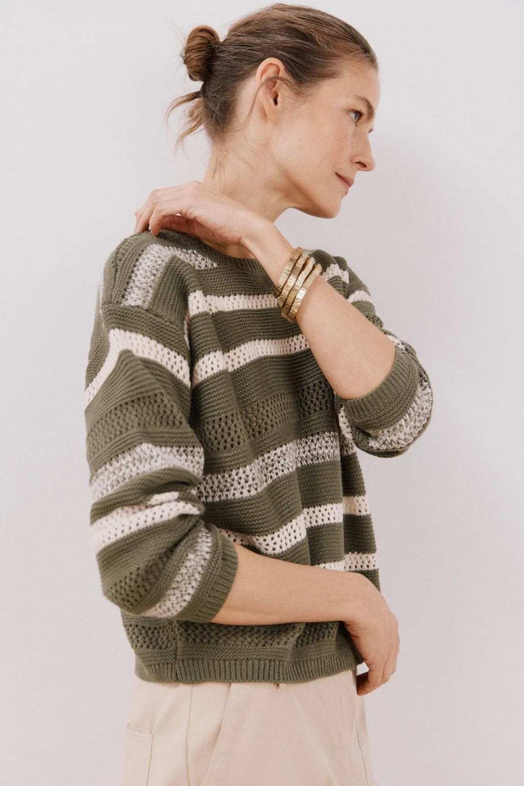 Two-tone striped jumper - Light Khaki