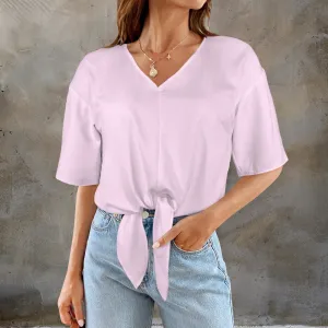 V-neck knotted hem blouse
