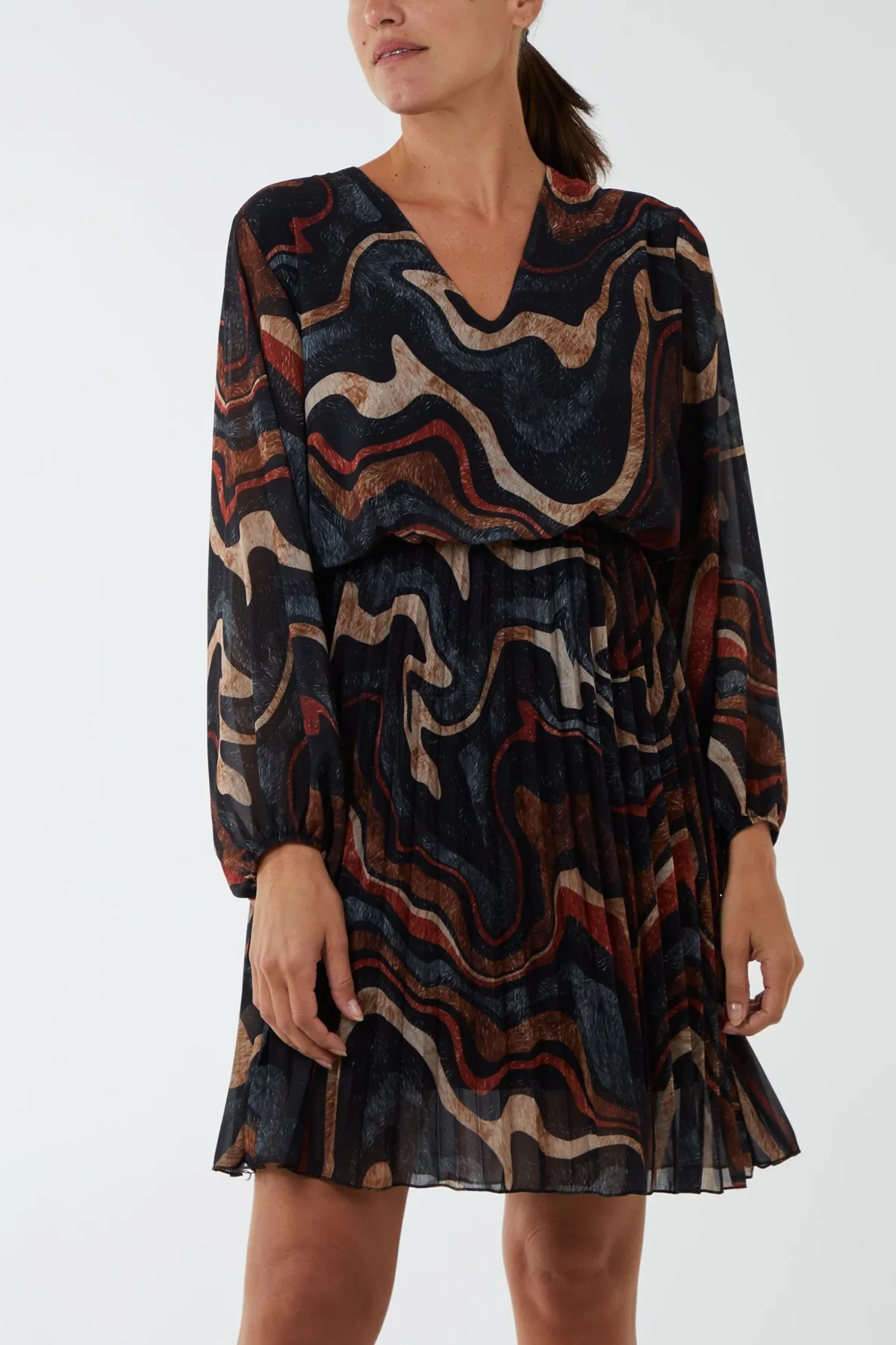 V-Neck Marble Pleated Skirt Mini Dress