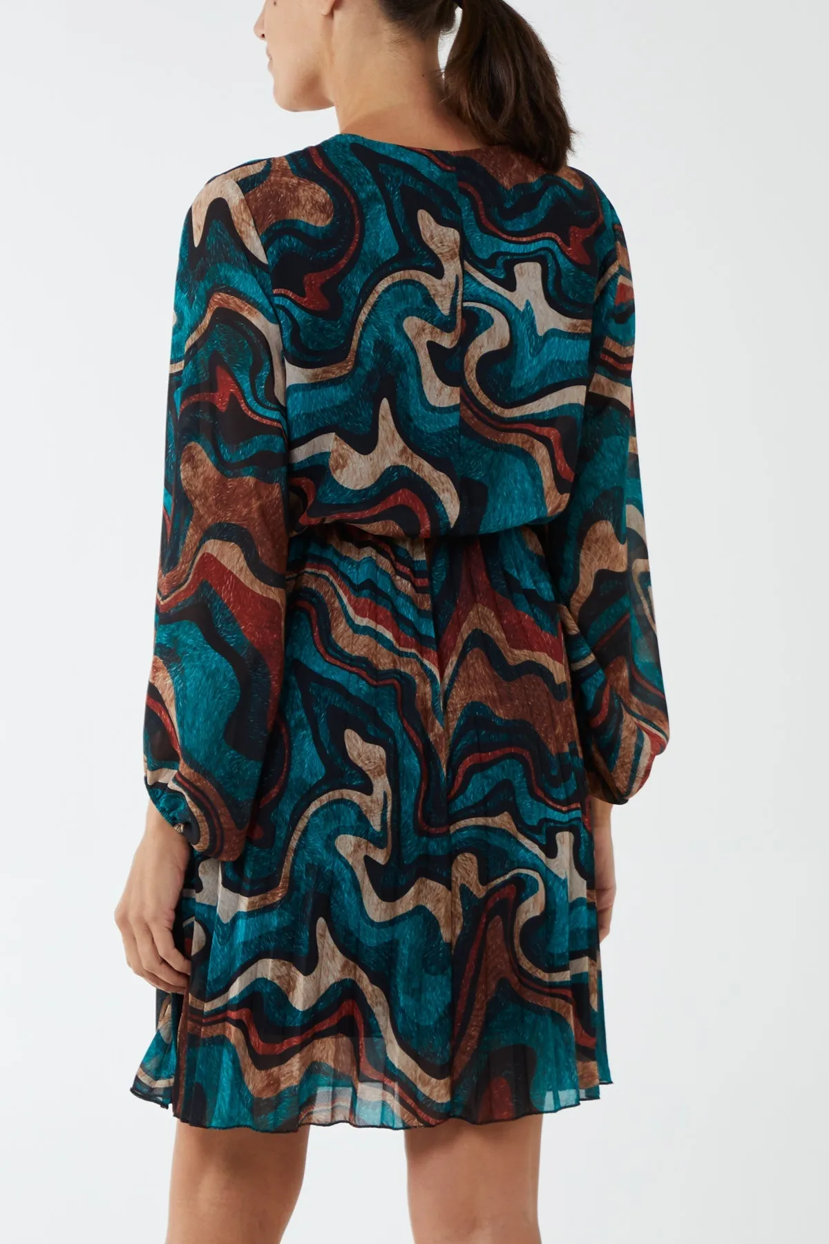 V-Neck Marble Pleated Skirt Mini Dress