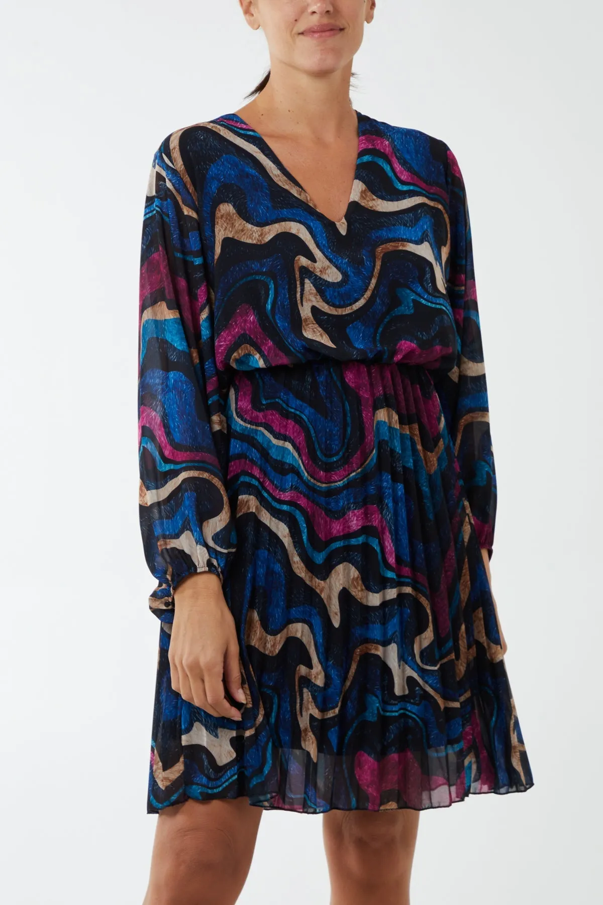 V-Neck Marble Pleated Skirt Mini Dress