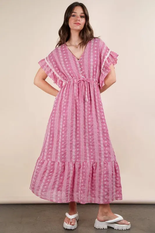 VERY J Embroidered Boho Ruffled Midi Dress