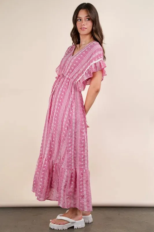 VERY J Embroidered Boho Ruffled Midi Dress