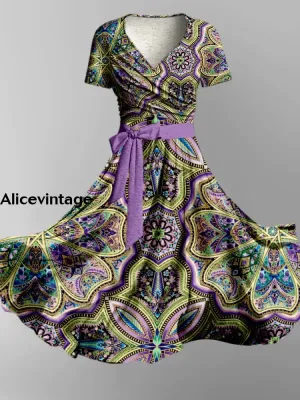 Vintage Bohemian Art Print Short Sleeve Two-Piece Midi Dress