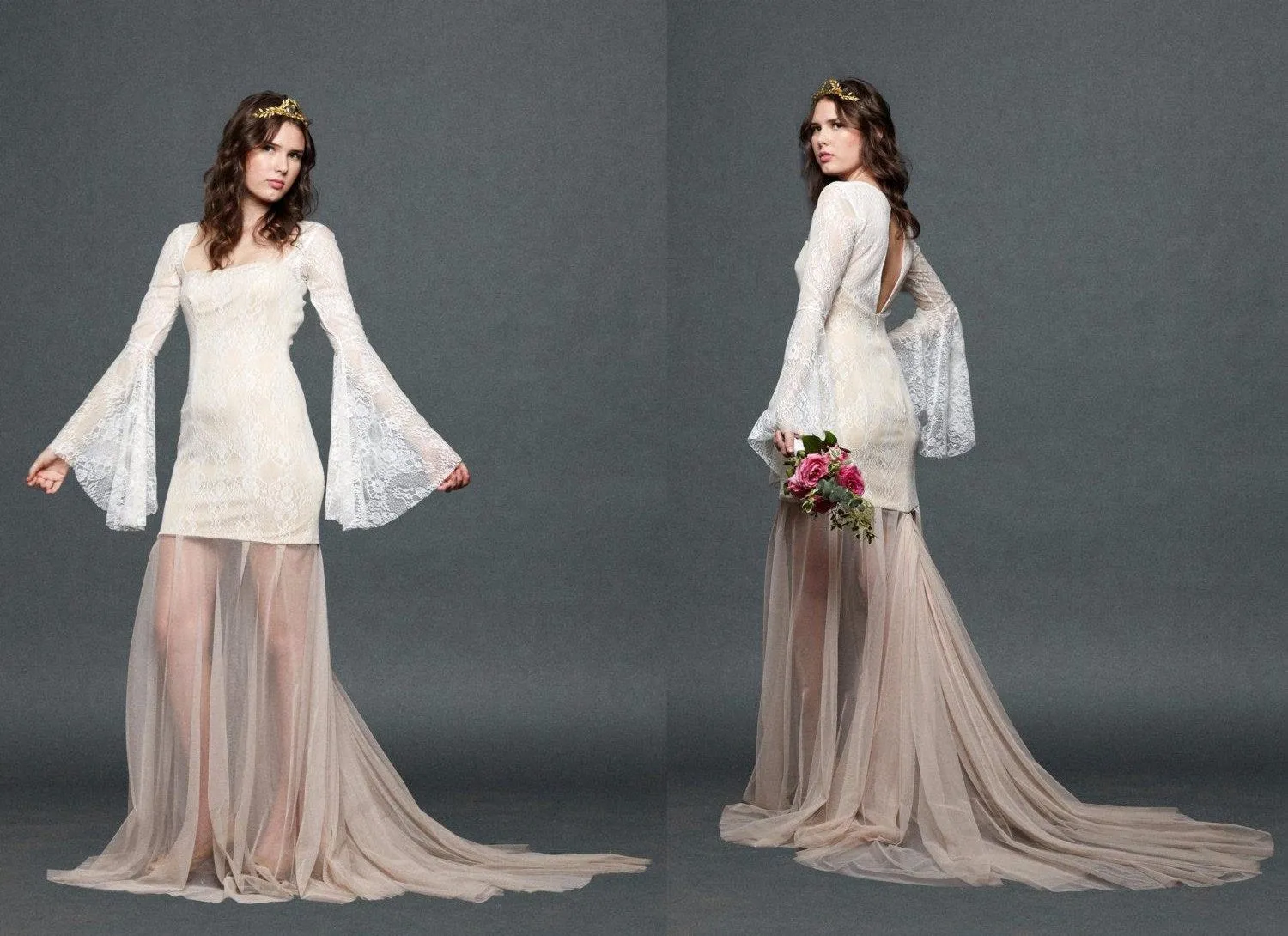 Vintage Puff-Sleeve Lace Tulle Dress With Sweep Train-711765
