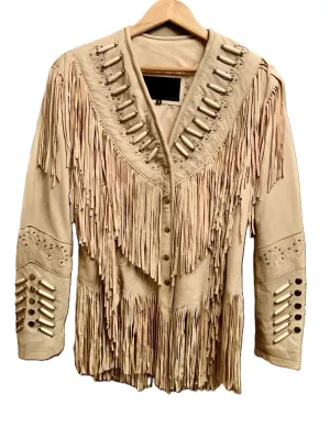 Western Fringe Beige Leather Jacket for Women Cowgirl WFJ236