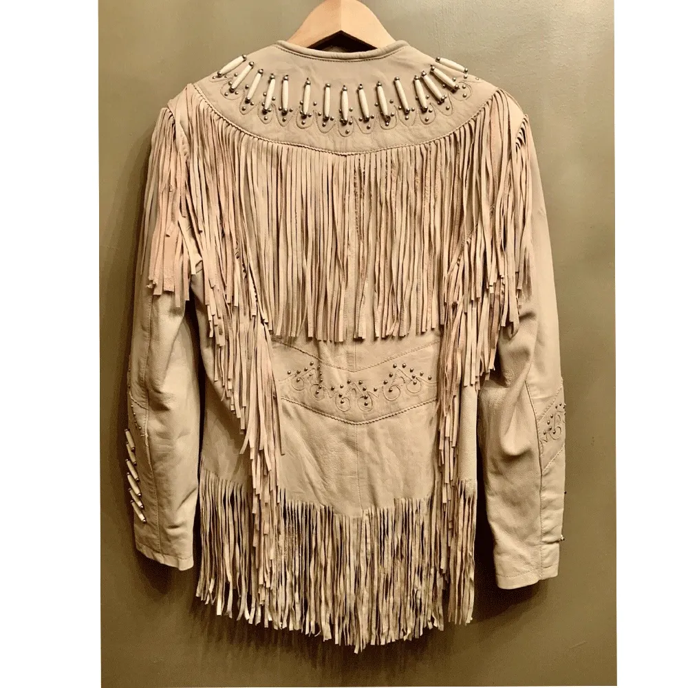 Western Fringe Beige Leather Jacket for Women Cowgirl WFJ236