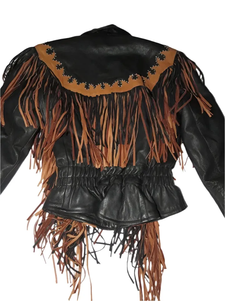 Western Fringe Black Leather Jacket for Women Cowgirl WFJ747