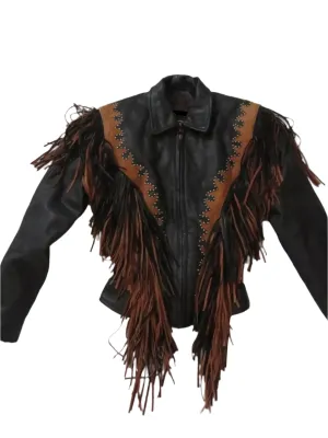 Western Fringe Black Leather Jacket for Women Cowgirl WFJ747