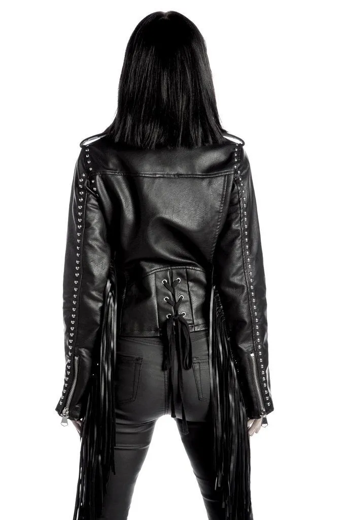 Western Fringe Black Leather Jacket for Women Cowgirl WFJ752
