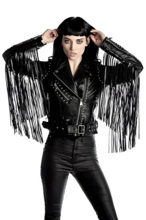 Western Fringe Black Leather Jacket for Women Cowgirl WFJ752