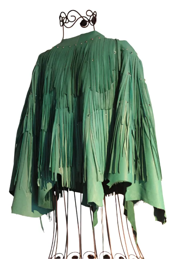 Western Fringe Green Suede Leather Loose Wear Jacket for Women WFJ404