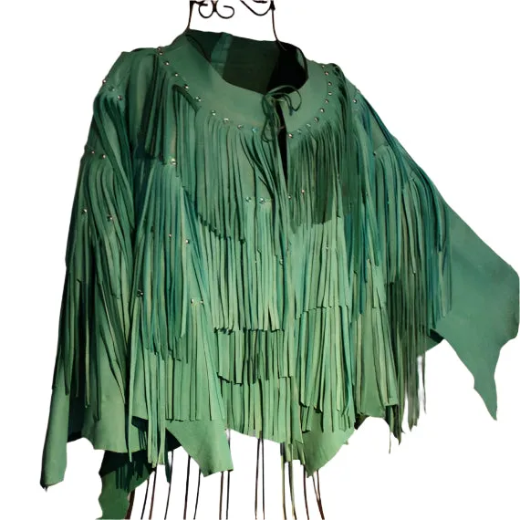 Western Fringe Green Suede Leather Loose Wear Jacket for Women WFJ404