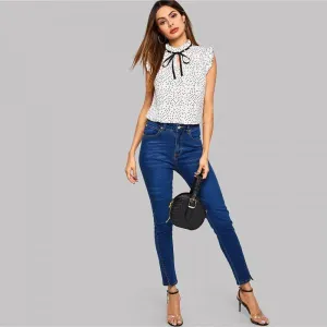 White Polka Dot Ruffle Sleeveless Pearls Bow Stand Collar Blouse Women Summer Elegant Weekend Casual Tops And Blouses