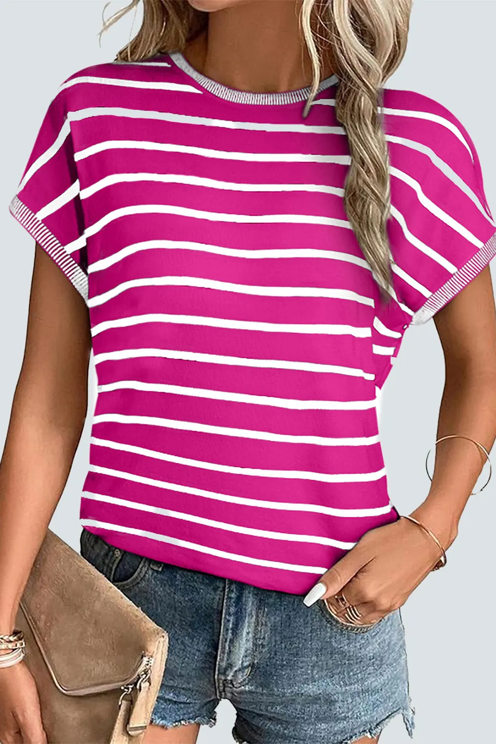 White Stripe Knitted Bat Sleeve T Shirt