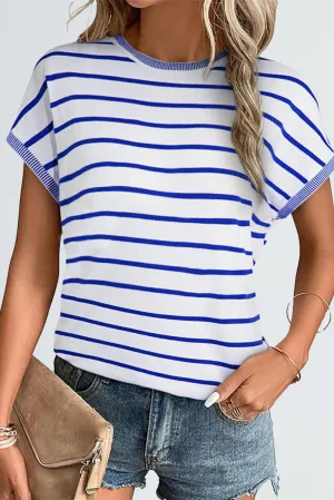 White Stripe Knitted Bat Sleeve T Shirt