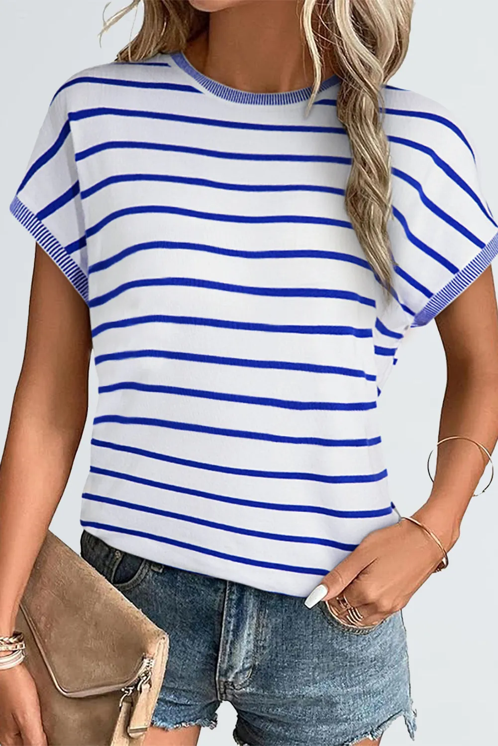 White Stripe Knitted Bat Sleeve T Shirt