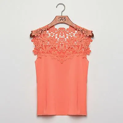 Women Blouses Sleeveless Chiffon Shirt Women Floral Lace Shirt Patchwork Chiffon Blouse